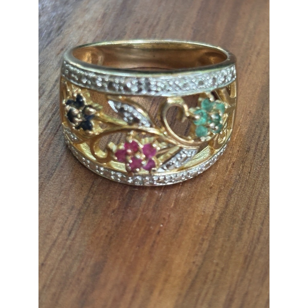 Ross Simons GOLD Over STERLING SILVER SAPPHIRE RUBY EMERALD Flowers RING  SIZE 8